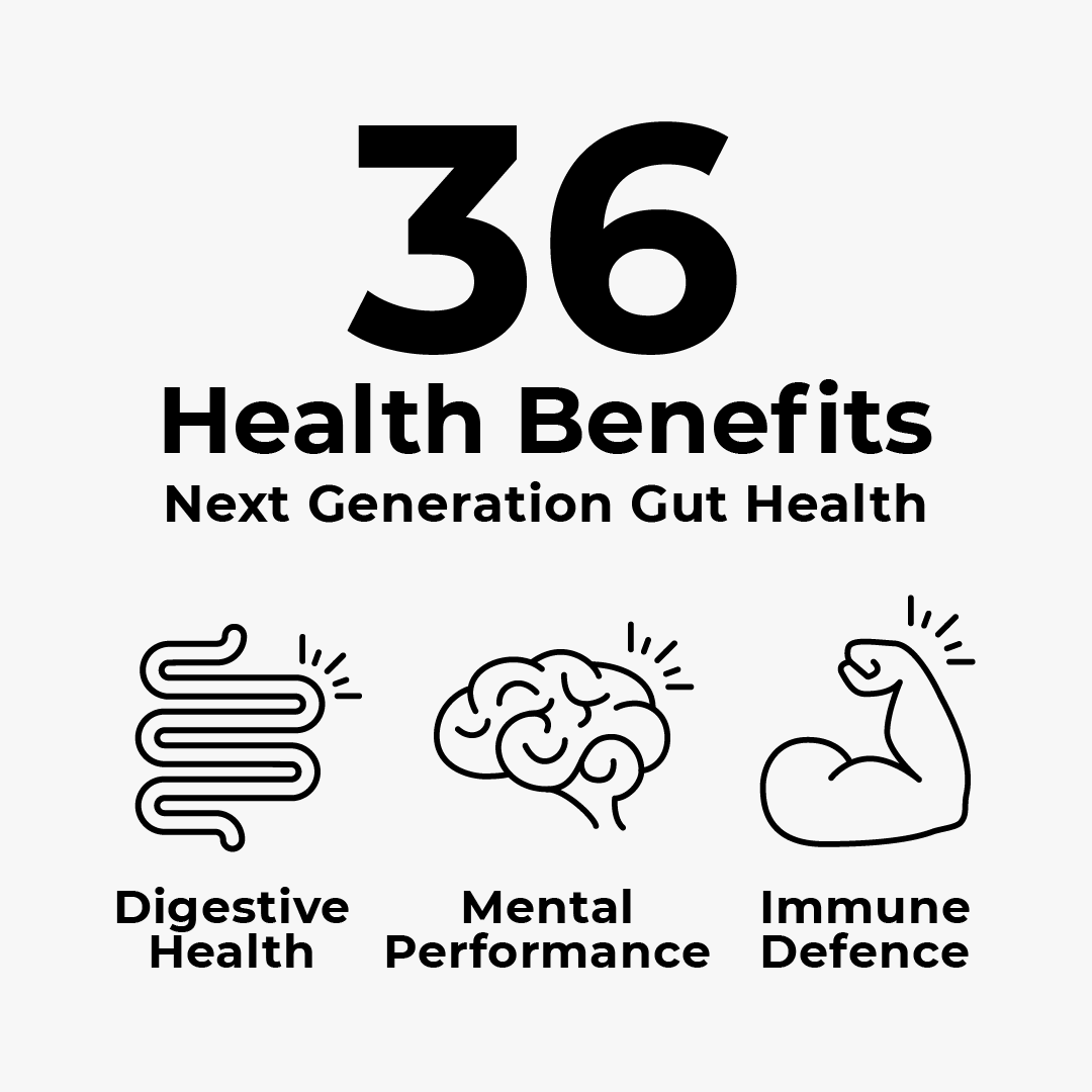 Text stating "36 Health Benefits Next Generation Gut Health" with icons representing "Digestive Health," "Mental Performance," and "Immune Defence."