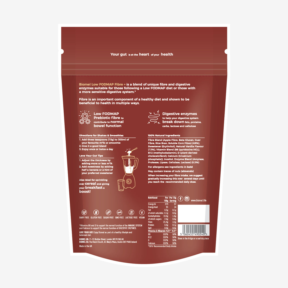 Biomel Low FODMAP Fibre Pure Vanilla Back of Pack