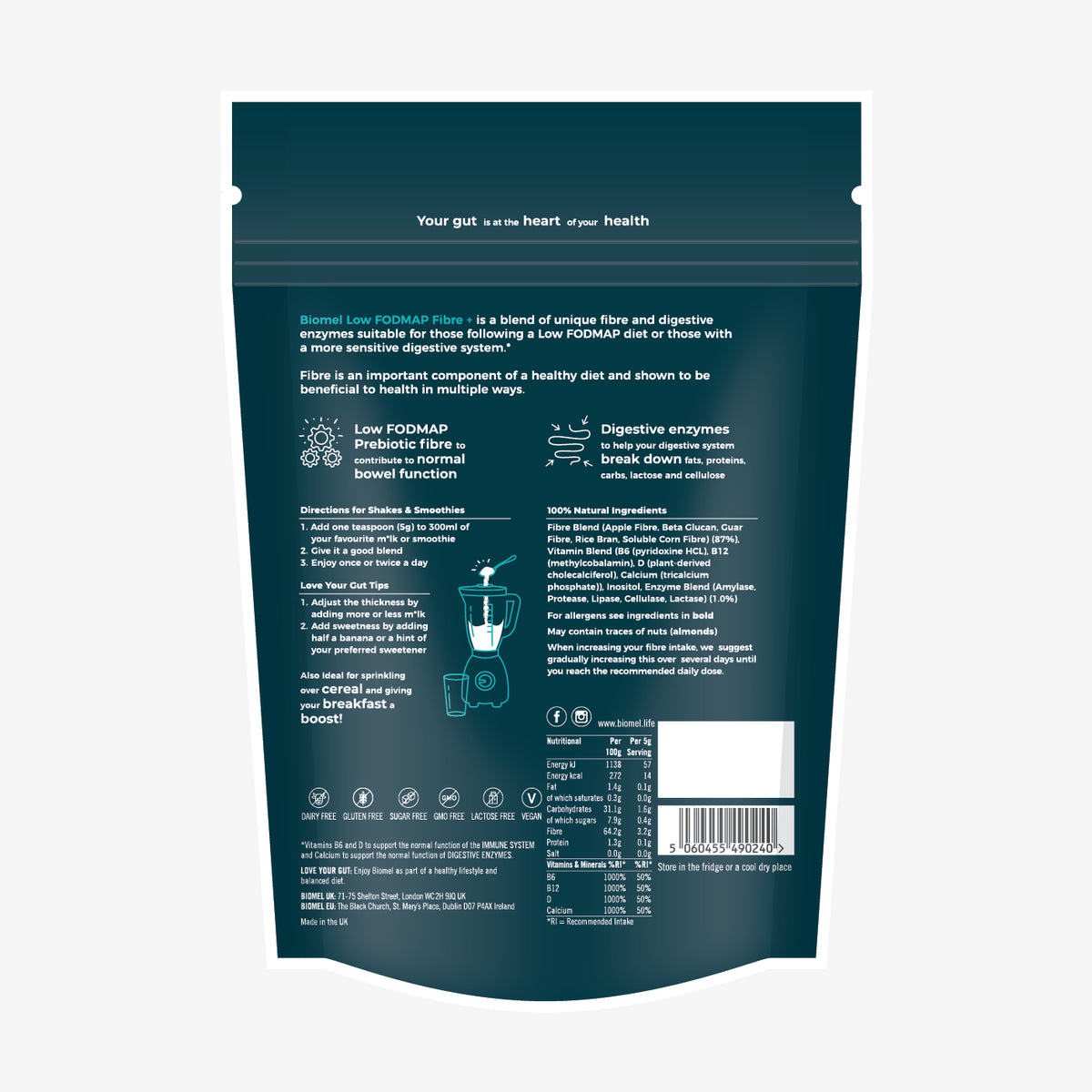 Biomel Low FODMAP Fibre Unflavoured Back of Pack