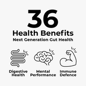 Text stating "36 Health Benefits Next Generation Gut Health" with icons representing "Digestive Health," "Mental Performance," and "Immune Defence."