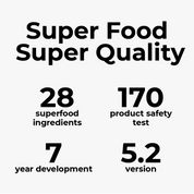 Text stating "Super Food Super Quality" with details: "28 superfood ingredients," "170 product safety tests," "7-year development," and "5.2 version."
