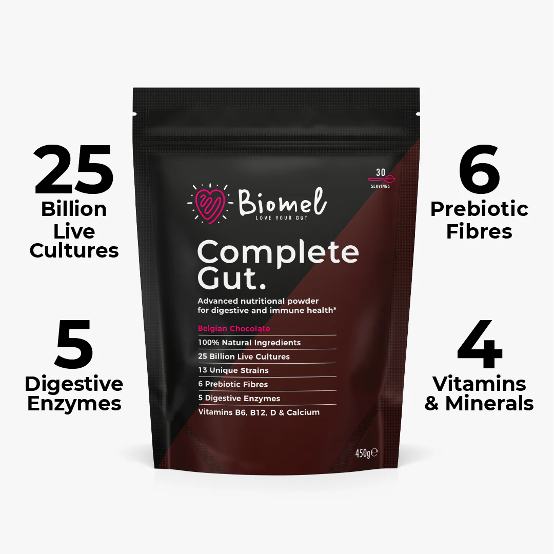 Packet of "Biomel Complete Gut" nutritional powder highlighting features like "25 Billion Live Cultures," "5 Digestive Enzymes," "6 Prebiotic Fibres," and "4 Vitamins & Minerals."